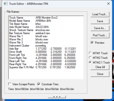BinEdit's Truck Editor on an MTM2.1 truck, showing one tire base name resolving to four per-corner files
